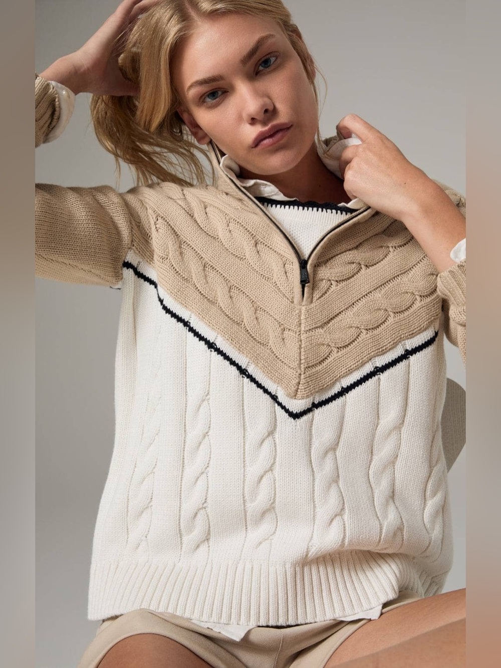 Alp N Rock Jordan 1/2 Zip Cable Knit Sweater XS Beige White
